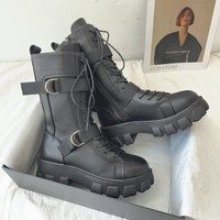 Lace up Mid Calf Black Platform Boots - Thumbnail 5
