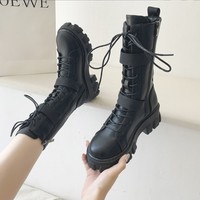 Lace up Mid Calf Black Platform Boots - Thumbnail 6