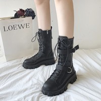 Lace up Mid Calf Black Platform Boots - Thumbnail 7