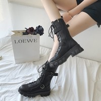 Lace up Mid Calf Black Platform Boots - Thumbnail 8