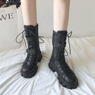 Lace up mid calf black platform boots