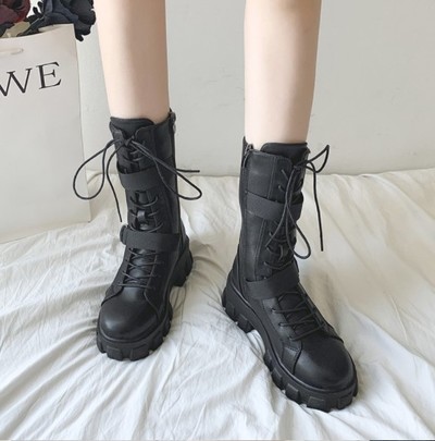 Lace up Mid Calf Black Platform Boots