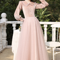 Cute velvet tulle long prom dress pink evening dress - Thumbnail 1