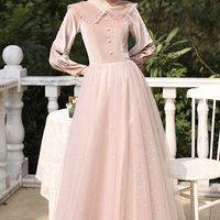 Cute velvet tulle long prom dress pink evening dress - Thumbnail 3
