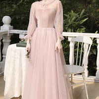 Cute velvet tulle long prom dress pink evening dress - Thumbnail 4