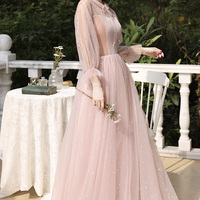 Cute velvet tulle long prom dress pink evening dress - Thumbnail 6