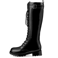 Black Buckle Design Knee High Lace up Boots - Thumbnail 4