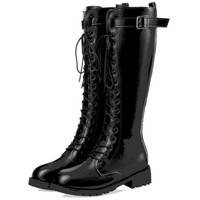 Black Buckle Design Knee High Lace up Boots - Thumbnail 5