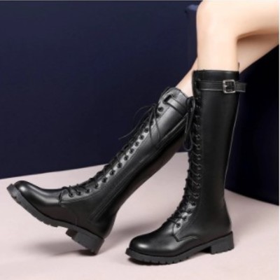 Black buckle design knee high lace up boots - Thumbnail 4