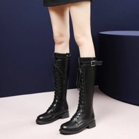 Black Buckle Design Knee High Lace up Boots - Thumbnail 1