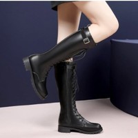 Black Buckle Design Knee High Lace up Boots - Thumbnail 2