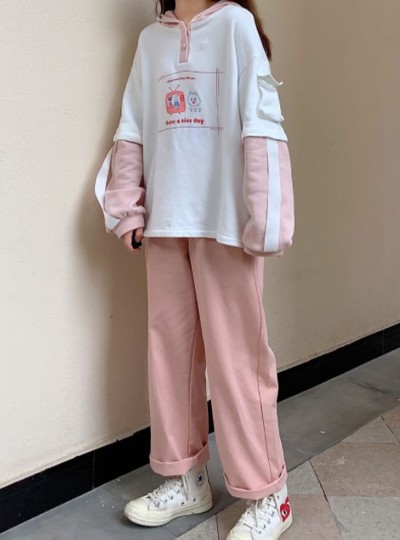 Japanese Kawaii Pink Elastic Waist Pants