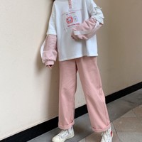 Japanese Kawaii Pink Elastic Waist Pants - Thumbnail 1