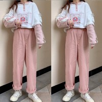Japanese Kawaii Pink Elastic Waist Pants - Thumbnail 6