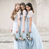 Elegant A-Line Short Sleeve White Lace Baby Blue Long Bridesmaid Dresses - Thumbnail 1