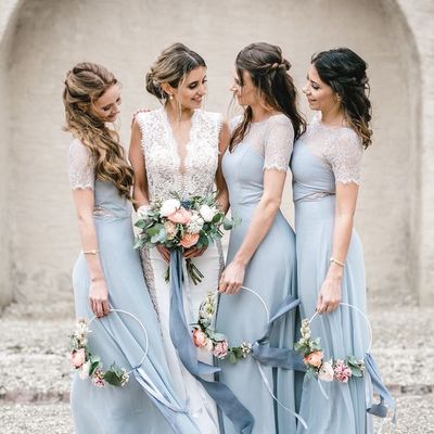 Elegant a-line short sleeve white lace baby blue long bridesmaid dresses - Thumbnail 1