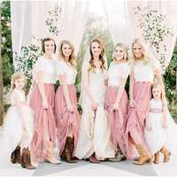 Two Piece White Lace Pink Tulle Long Bridesmaid Dresses - Thumbnail 4