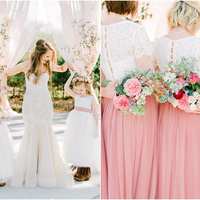 Two Piece White Lace Pink Tulle Long Bridesmaid Dresses - Thumbnail 3