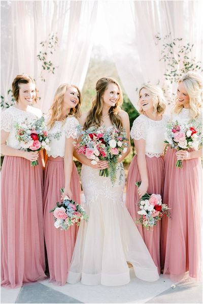 Two Piece White Lace Pink Tulle Long Bridesmaid Dresses