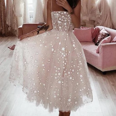 Spaghetti strap tea length tulle a line homecoming dress, star lace formal short prom dresses，868