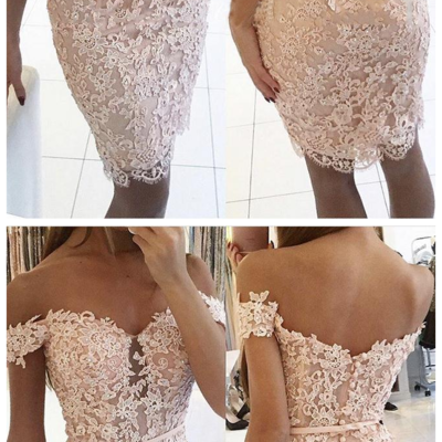 Sleeveless beige lace/satin homecoming dresses sheath/column lace above-knee off shoulder zippers sheath/column，869