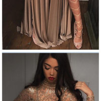 High Neck Champagne Gold Sexy Evening Dress Splits Long Sleeve Illusion Prom Dress,870 - Thumbnail 1