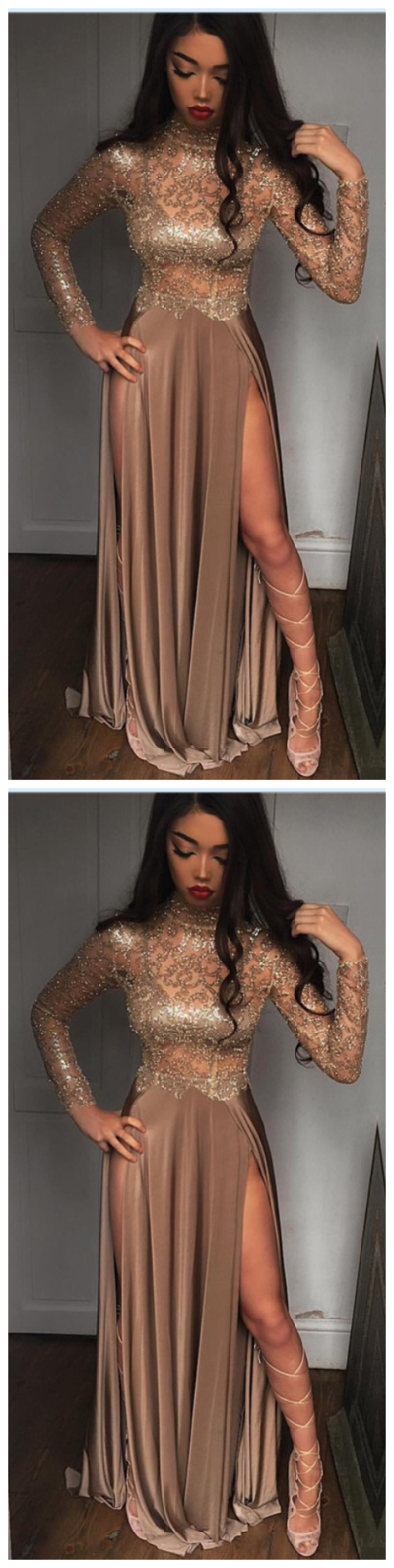 High Neck Champagne Gold Sexy Evening Dress Splits Long Sleeve Illusion Prom Dress,870