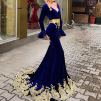 Sexy Royal Blue Velvet Prom Dress Gold Appliques Long Sleeves V-Neck Elegant Sweep Train Formal Evening Dresses Long Party Gowns,874 - Thumbnail 2