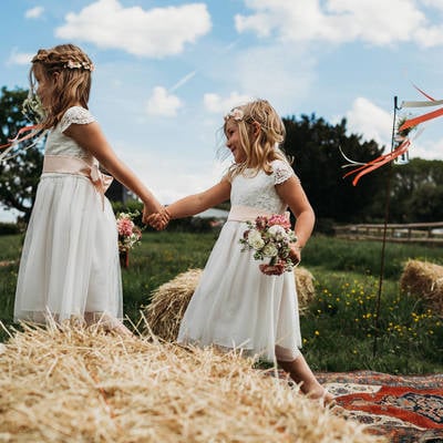 White lace and tulle flower girl dress with colour sash