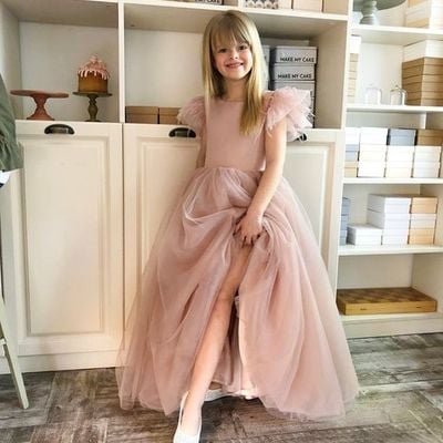Pretty a-line round neck cap sleeve blush pink tulle long flower girl dresses