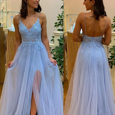 A-line light blue long prom dress,spaghetti straps party dresses,side slit prom dresses,875
