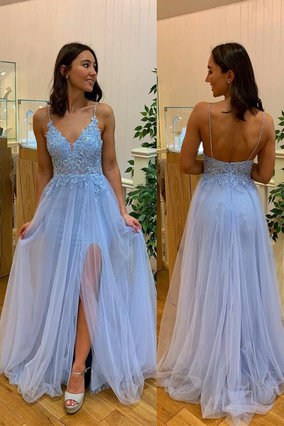 A-line Light Blue Long Prom Dress,Spaghetti Straps Party Dresses,Side Slit Prom Dresses,875