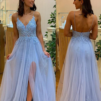 A-line Light Blue Long Prom Dress,Spaghetti Straps Party Dresses,Side Slit Prom Dresses,875 - Thumbnail 1