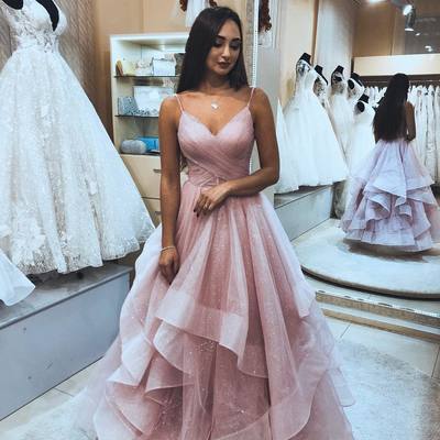 Princess pink tulle long prom dress,backless prom dresses,layered tulle evening dresses,876