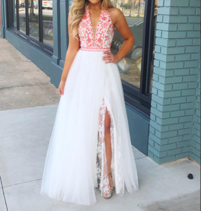 Halter White Long Prom Dress with Pink Embroidery,Deep V-neck Party Dresses,Lace Evening Dresses,877