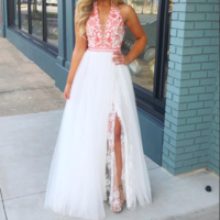 Halter White Long Prom Dress with Pink Embroidery,Deep V-neck Party Dresses,Lace Evening Dresses,877 - Thumbnail 1