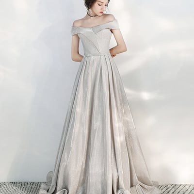 Shiny a line off shoulder prom dress simple evening dress - Thumbnail 3