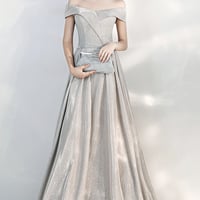 Shiny A line off shoulder prom dress simple evening dress - Thumbnail 3