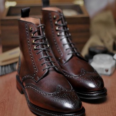 Handmade brown leather wing tip brogue ankle high dress boots men's - Thumbnail 2