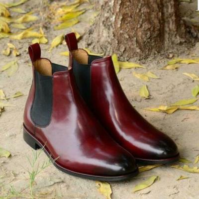 Handmade men's burgundy black tone leather chelsea boots ,men ankle high leather boot - Thumbnail 3