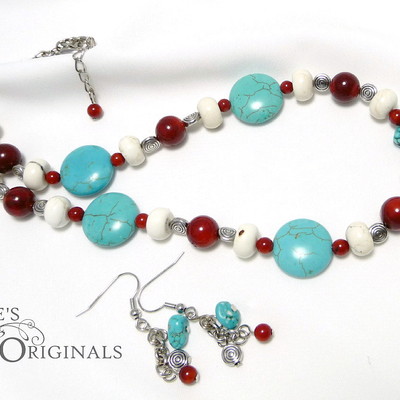 Turquoise magnesite and coral set
