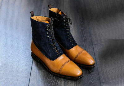 Handmade Men's Genuine Tan Leather Blue Suede Toe Cap Oxford Formal Dress Lace up Boot
