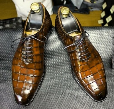 Sale Handmade Alligator Skin Two Tone Office Formal Wear Lace Up Shoes