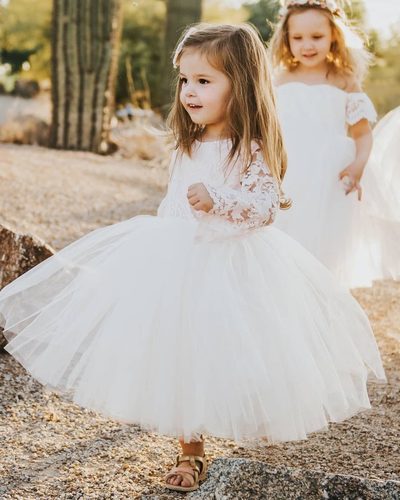 Cute A-Line Long Sleeves White Tulle Lace Flower Girl Dress