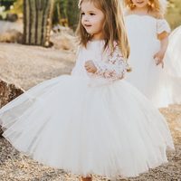Cute A-Line Long Sleeves White Tulle Lace Flower Girl Dress - Thumbnail 1