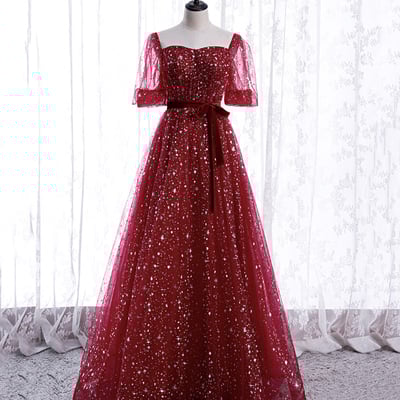 Burgundy tulle long a line prom dress evening dress - Thumbnail 4
