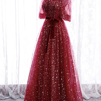 Burgundy tulle long A line prom dress evening dress - Thumbnail 1