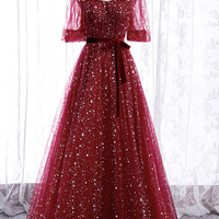 Burgundy tulle long A line prom dress evening dress - Thumbnail 3