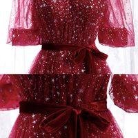 Burgundy tulle long A line prom dress evening dress - Thumbnail 4