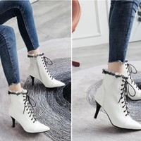Lace Ruffles High Heels Ankle Boots - Thumbnail 5